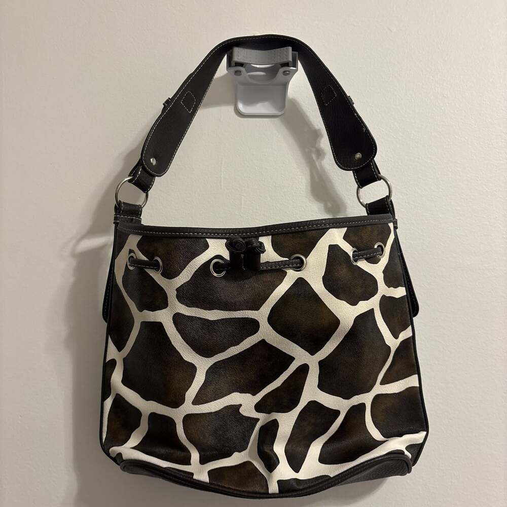 Attention Womens Black and White Faux Leather Shoulder Bag w Brown Accent Large